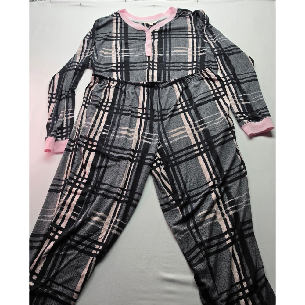 Secret Treasures Womens XL Grey Pink Plaid Henley Pajama Set 2 Piece Sleepwear